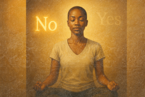 Woman sitting calmly with eyes closed, symbolizing reclaiming mental space and setting boundaries