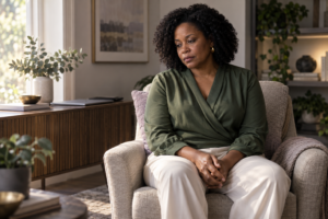 Black woman in midlife wearing a sage blouse sits quietly with her hands clasped and her gaze lowered.