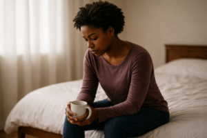 Woman sitting on a bed holding a mug, appearing emotionally exhausted and reflective, illustrating burnout versus depression.