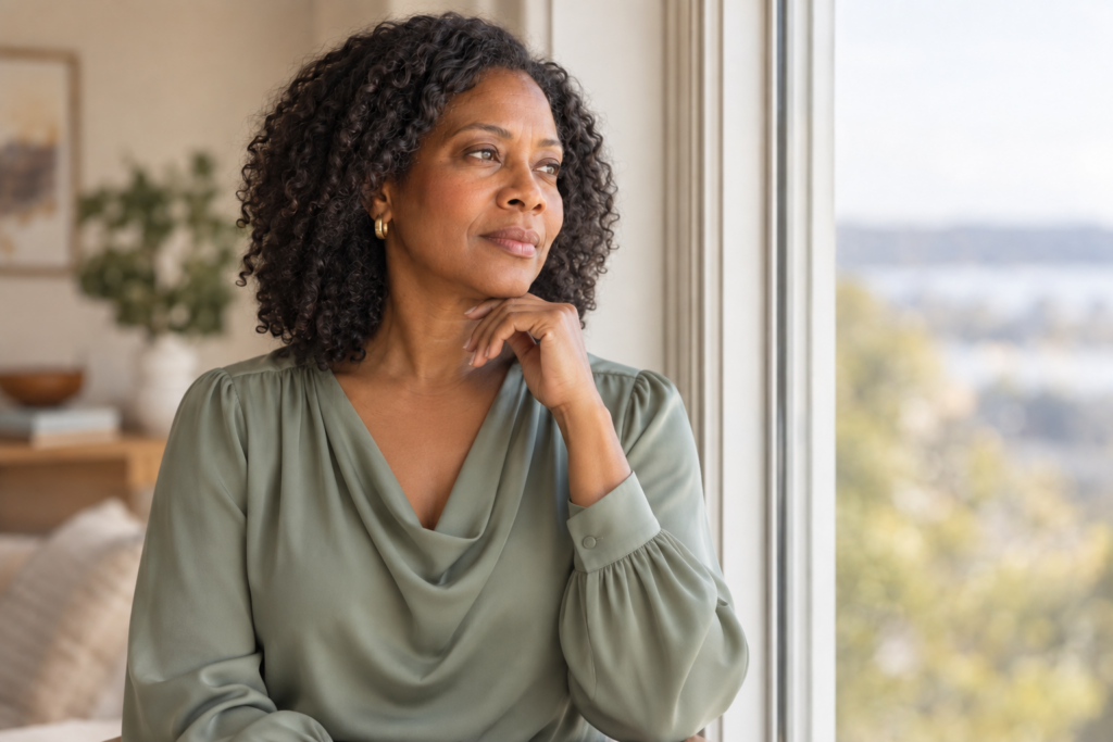 Black woman in midlife wearing a sage blouse and looking thoughtfully out a window.