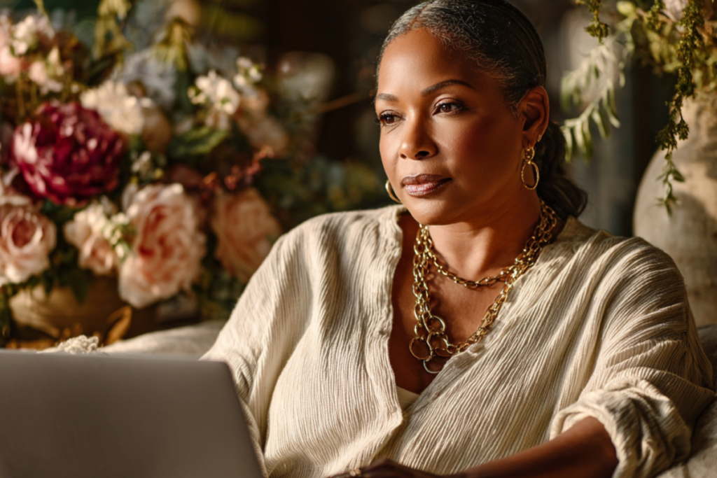 Woman engaged in a virtual therapy conversation on her laptop in a calm, welcoming home setting