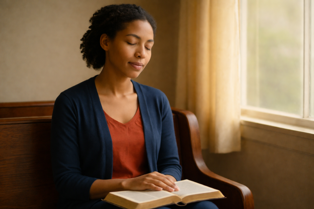 Woman sitting by a window with eyes closed, holding an open Bible, reflecting calmly in natural light.
