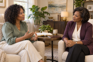Two Black women in midlife talk in a counseling room with an open Bible and journal on the table between them.