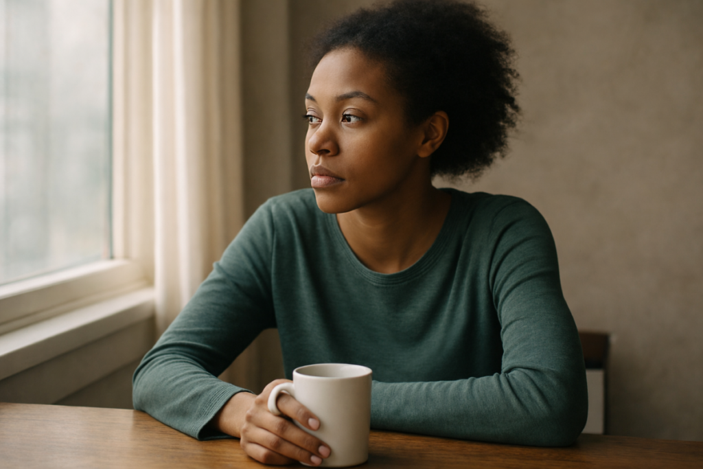Woman reflecting quietly, representing emotional exhaustion and the habit of saying “I’m fine” when overwhelmed