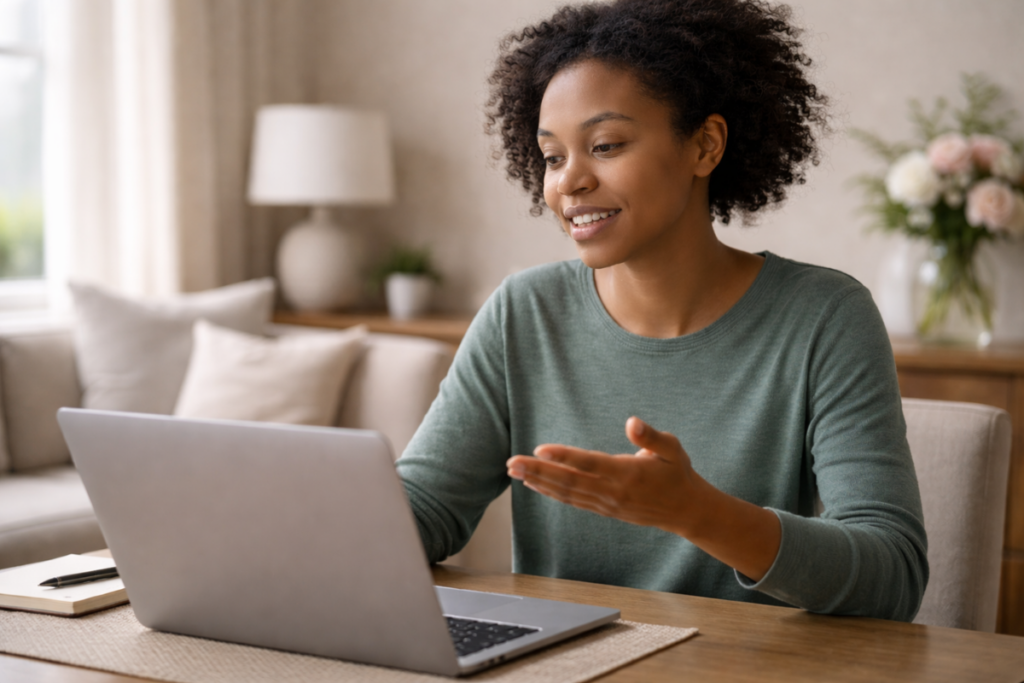 Woman participating in a virtual therapy session on her laptop in a calm, elegant home setting.