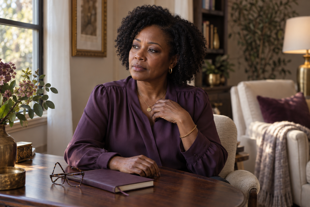 Thoughtful Black woman in midlife sitting beside a window with her hand near her heart and a journal on the table.