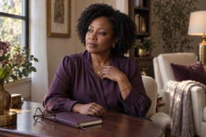 Thoughtful Black woman in midlife sitting beside a window with her hand near her heart and a journal on the table.