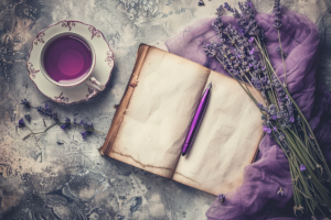 Open journal with purple pen, lavender flowers, and herbal tea symbolizing mental health reflection and goal setting
