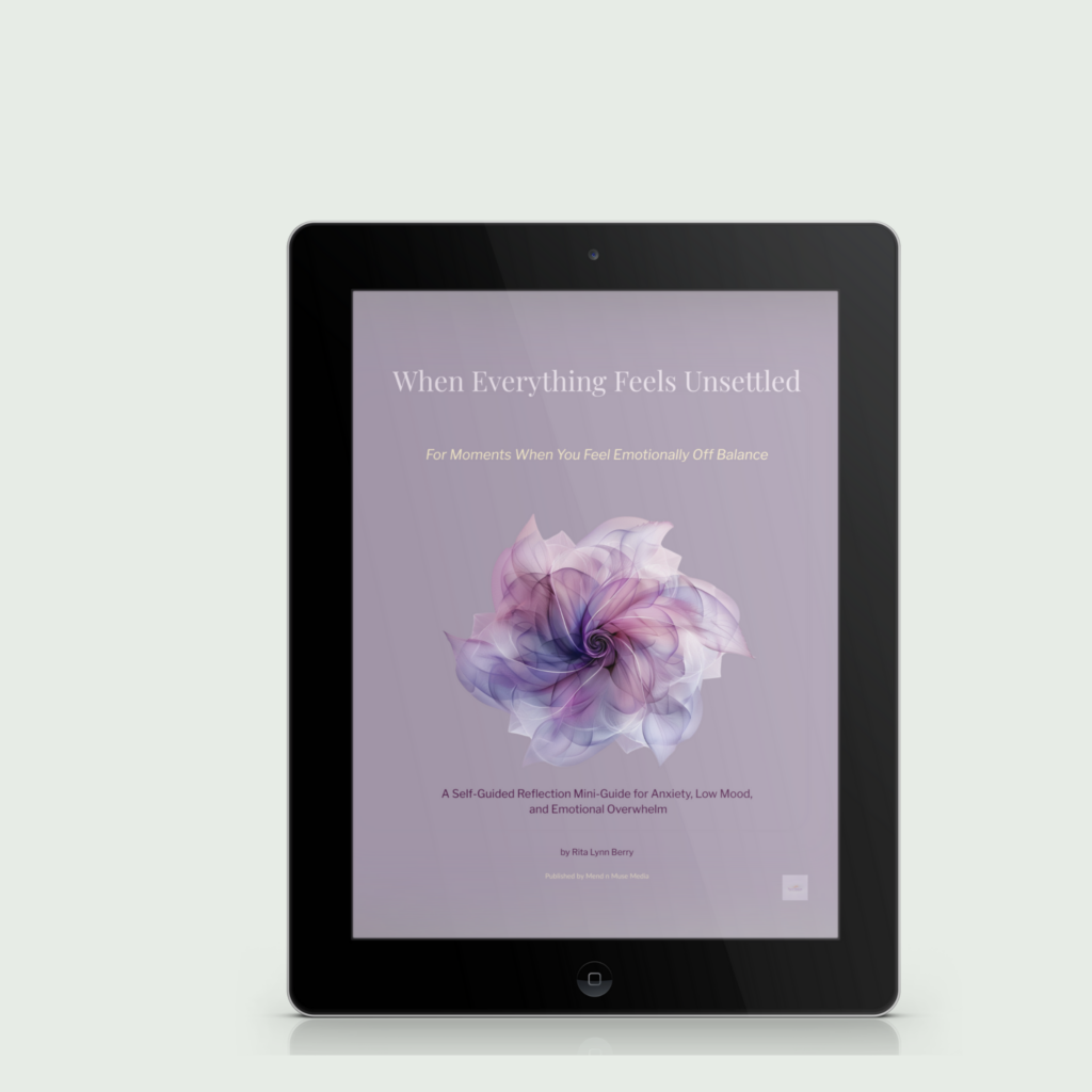 Tablet mockup displaying the cover of When Everything Feels Unsettled, a self-guided reflection mini-guide for anxiety, emotional overwhelm, and low mood.