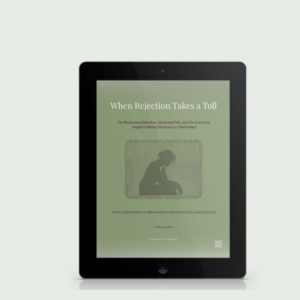 Tablet mockup displaying the cover of When Rejection Takes a Toll, a self-guided reflection mini-guide for processing rejection and relational pain.