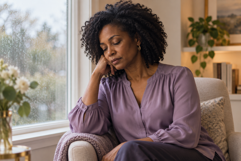 Black woman in midlife wearing a lavender blouse rests her head on her hand beside a rain-speckled window.