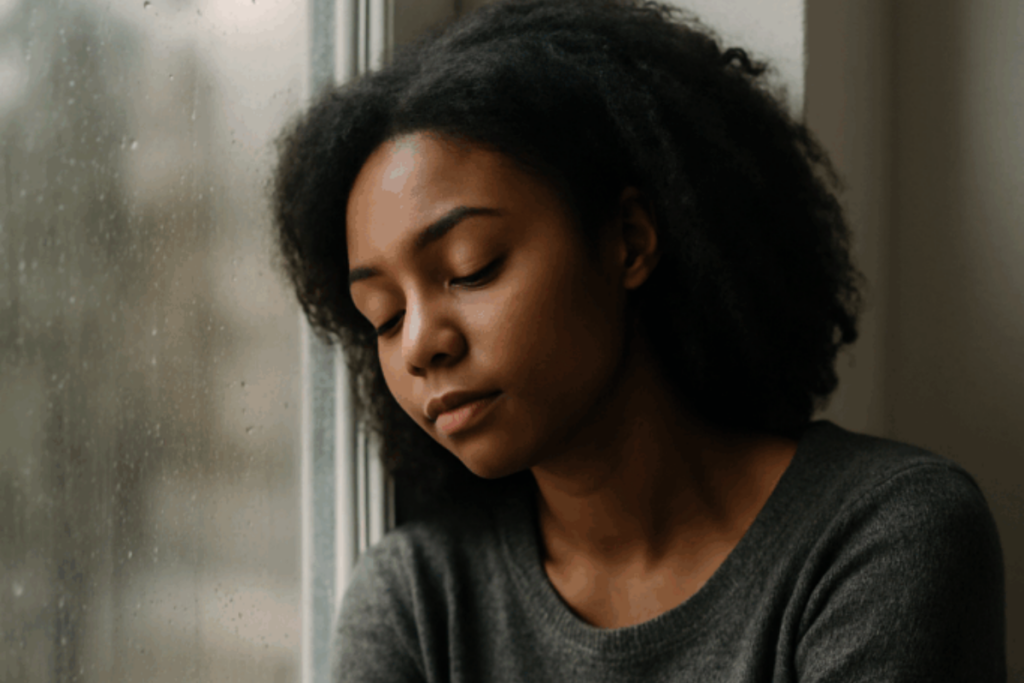 Woman sitting by a window with eyes lowered, appearing mentally tired and emotionally reflective