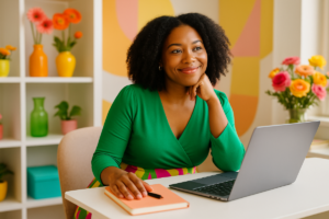 Woman smiling during a virtual therapy session at her desk, representing telehealth counseling for women in North Carolina