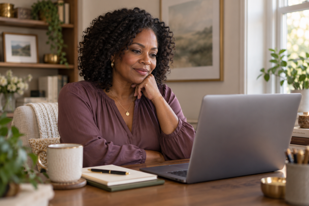 Black woman in midlife participating in a telehealth therapy session from her private home office.