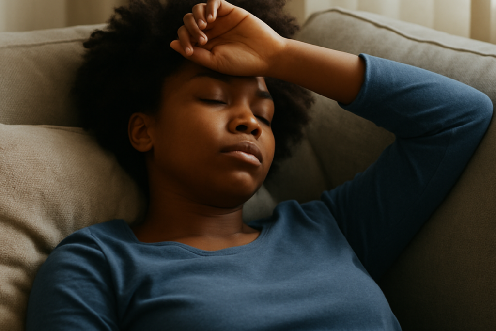 Woman resting on a couch with eyes closed, feeling overwhelmed and emotionally exhausted