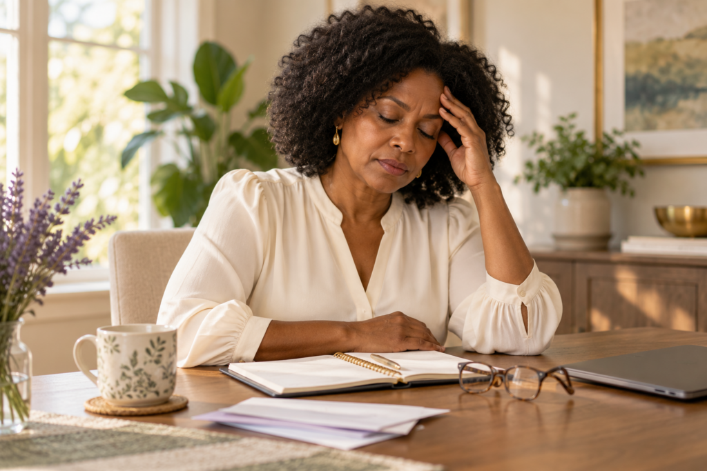 Black woman in midlife pauses with her hand at her temple while sitting at a table with a planner, papers, and laptop.