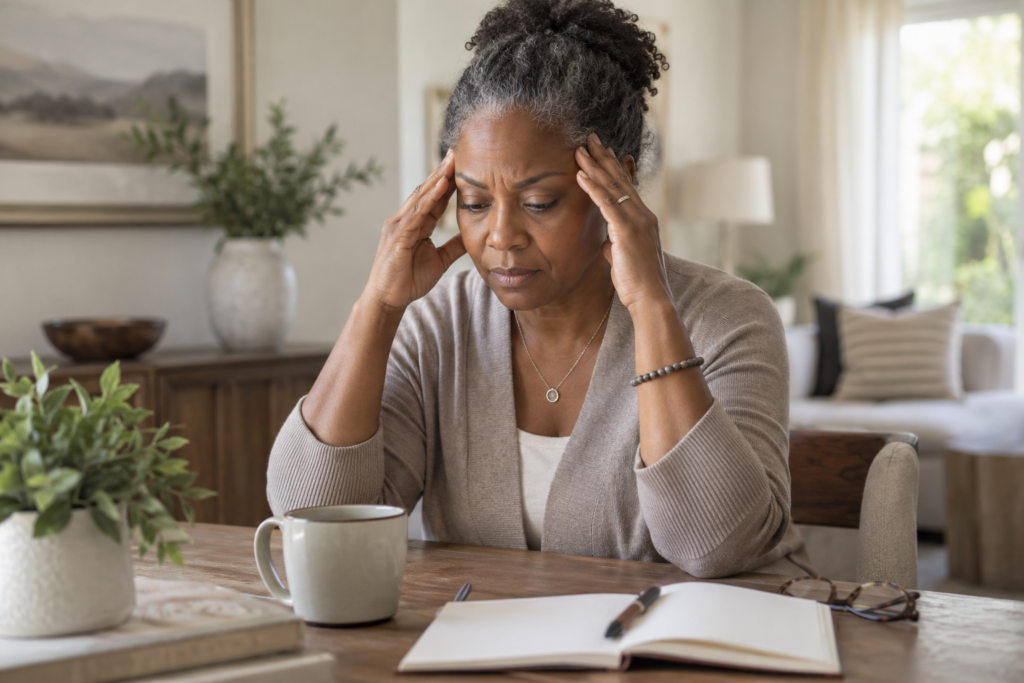 Black woman sitting at a table at home with her head in her hands, reflecting emotional overwhelm and mental strain