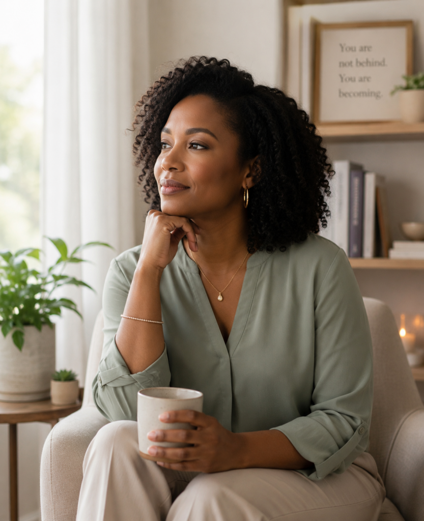 Contemplative woman sitting in a chair holding a mug in soft natural light, representing emotional healing and virtual therapy support for women in North Carolina.
