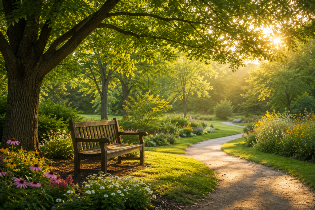 A peaceful park with a shaded bench, walking path, and warm summer morning light representing emotional wellness, rest, and renewal.