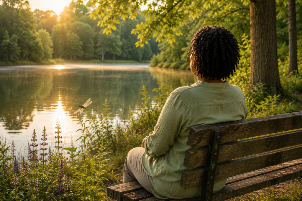 A Black woman sitting on a park bench beside a peaceful lake surrounded by trees in warm morning sunlight, symbolizing emotional wellness and nervous system restoration.