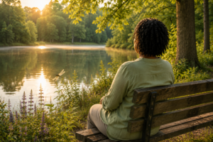 A Black woman sitting on a park bench beside a peaceful lake surrounded by trees in warm morning sunlight, symbolizing emotional wellness and nervous system restoration.
