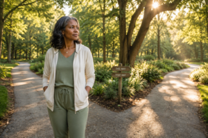 A Black woman in her early 50s stands thoughtfully at the intersection of two wooded walking paths in a peaceful park. Wearing soft sage green and cream walking clothes, she reflects quietly as warm morning sunlight filters through mature trees, symbolizing life's transitions and the search for identity.