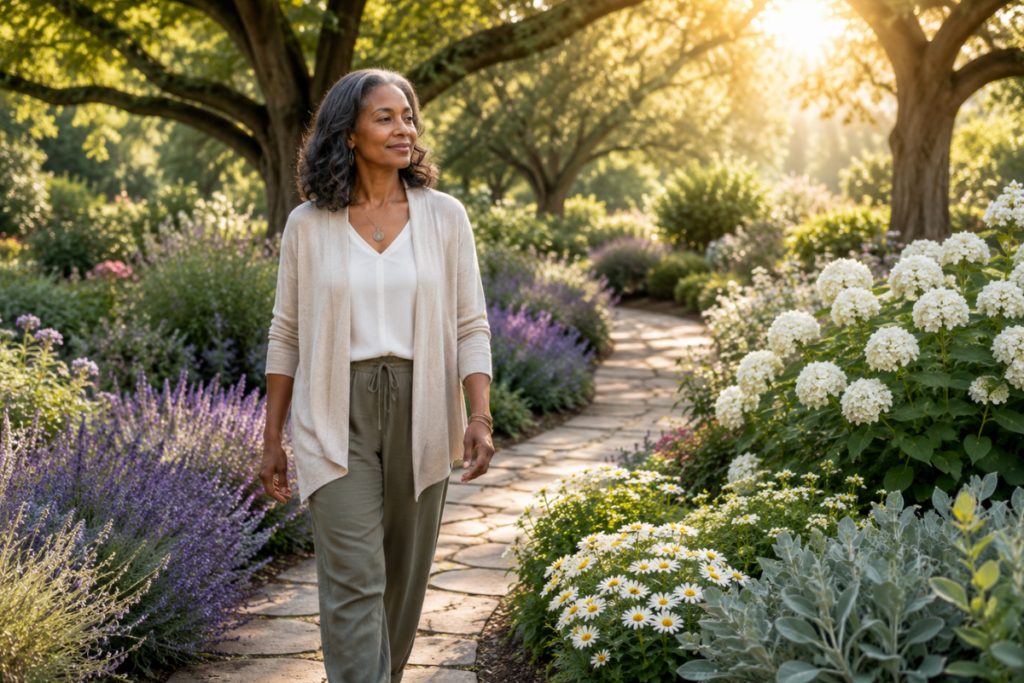 A Black woman in her early 50s walks peacefully along a winding garden path surrounded by blooming lavender, white hydrangeas, daisies, and lush sage-green foliage. Warm morning sunlight filters through mature oak trees as she smiles softly, enjoying the quiet beauty of the moment.