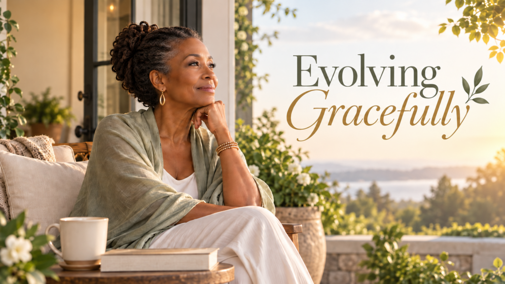 Mature Black woman sitting peacefully on a porch at golden hour, with soft greenery and a serene landscape in the background, alongside the text “Evolving Gracefully.”