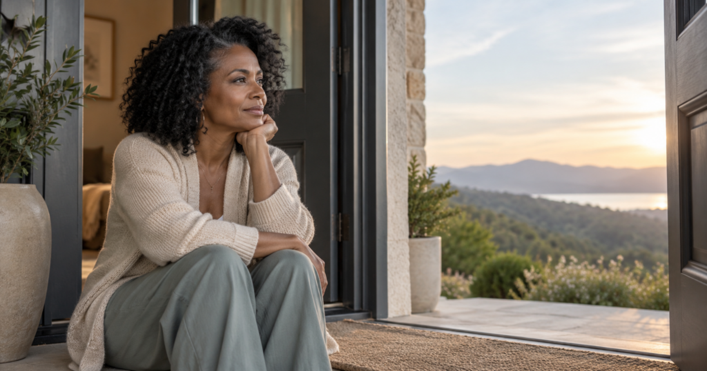Mature Black woman sitting thoughtfully in an open doorway at sunrise, reflecting during a season of transition and letting go.