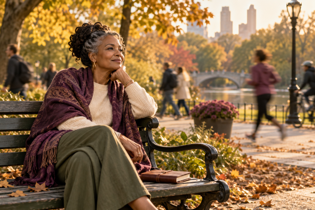 Mature Black woman sitting thoughtfully on a park bench in early autumn while people move in the background, with a closed journal beside her and warm late-afternoon light.