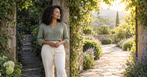 Black woman in midlife standing between a shaded garden path and a sunlit path leading forward.