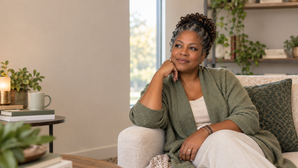 Mature Black woman seated in a calm, welcoming room with a thoughtful and peaceful expression