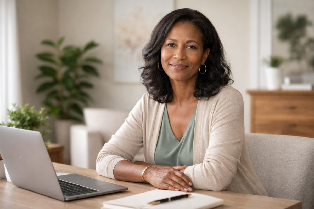 Woman engaged in a calm, reflective virtual therapy conversation in a warm, professional setting