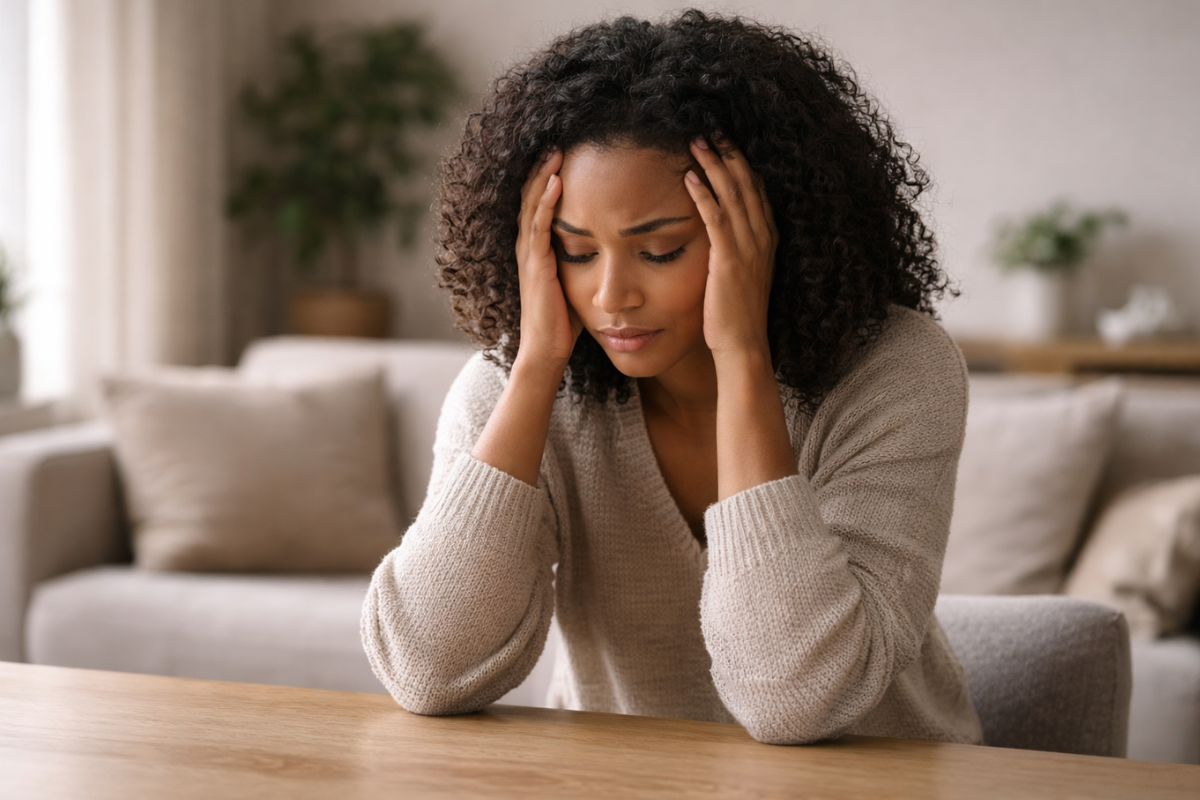 Woman sitting at a table with her head in her hands, experiencing emotional distress