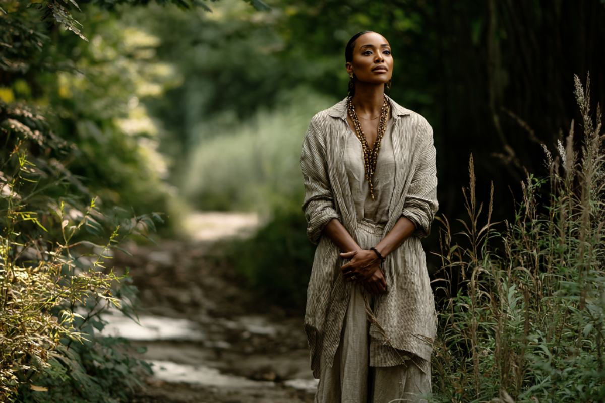 Woman standing calmly in a natural setting, reflecting during a life transition.
