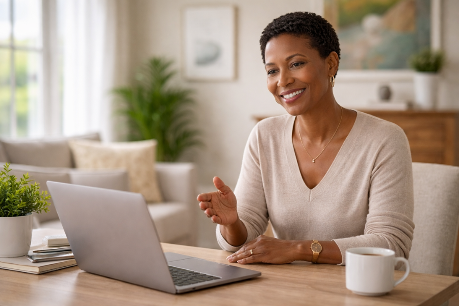 Woman engaged in a telehealth therapy session from a private, well-appointed home setting